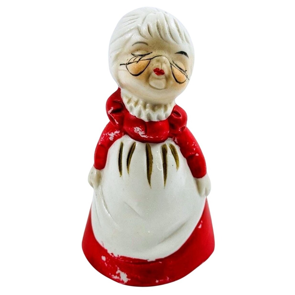 Jasco Merri-Bells Hand Painted Porcelain Mrs Claus Bell Vintage Grannycore CUTE